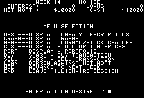 Millionaire: The Stock Market Simulation (Apple II) screenshot: Action menu