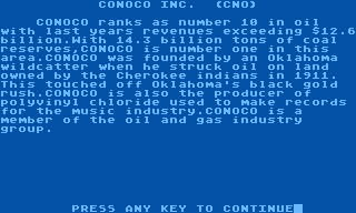 Millionaire: The Stock Market Simulation (Atari 8-bit) screenshot: Getting the lowdown on Conoco