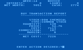 Millionaire: The Stock Market Simulation (Atari 8-bit) screenshot: Buy transaction report