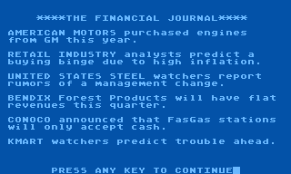 Millionaire: The Stock Market Simulation (Atari 8-bit) screenshot: Lots of news this week!