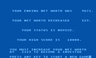 Millionaire: The Stock Market Simulation (Atari 8-bit) screenshot: It's all over for this investor.