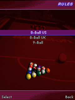Midnight Pool 3D (J2ME) screenshot: Rules selection