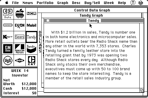Millionaire: The Stock Market Simulation (Macintosh) screenshot: Corporate description for Tandy
