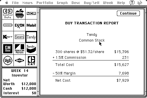 Millionaire: The Stock Market Simulation (Macintosh) screenshot: Trying my luck with some Tandy stock anyway