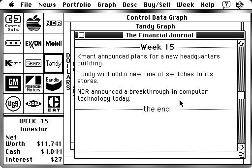 Millionaire: The Stock Market Simulation (Macintosh) screenshot: Financial news for week 15