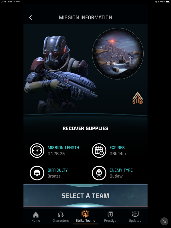 Mass Effect: Andromeda - Apex HQ (iPad) screenshot: The mission information screen