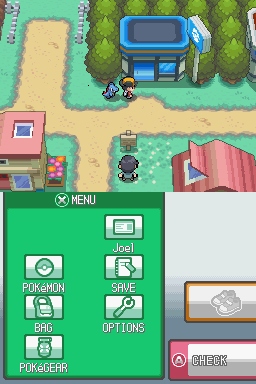 Pokémon SoulSilver Version (Nintendo DS) screenshot: The main Pokemon follows the player in the remake, similar to Pokemon Yellow.