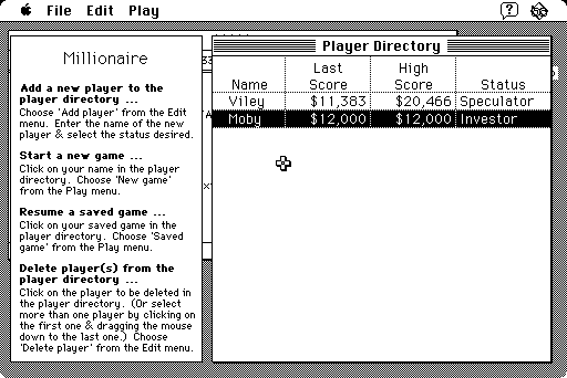 Millionaire: The Stock Market Simulation (Macintosh) screenshot: Player selection screen