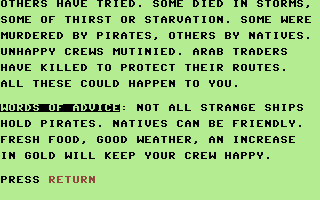 Sea Route to India (Commodore 64) screenshot: Advice