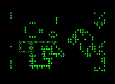 Life (Commodore PET/CBM) screenshot: The cells roam all around the screen