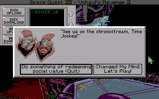 Space Quest IV: Roger Wilco and the Time Rippers (Amiga) screenshot: The Two Guys from Andromeda show up in the quit menu.