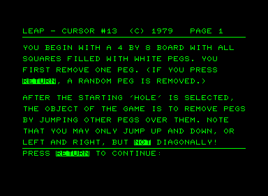 Leap (Commodore PET/CBM) screenshot: Instructions