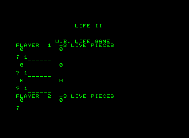 Life II (Commodore PET/CBM) screenshot: Player 1 placed his first three cells (y coordinates are hidden after typing for some reason)