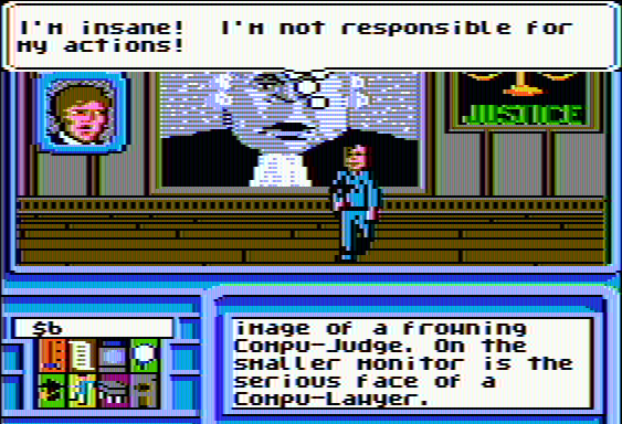 Neuromancer (Apple II) screenshot: Uh oh, I'm in court!