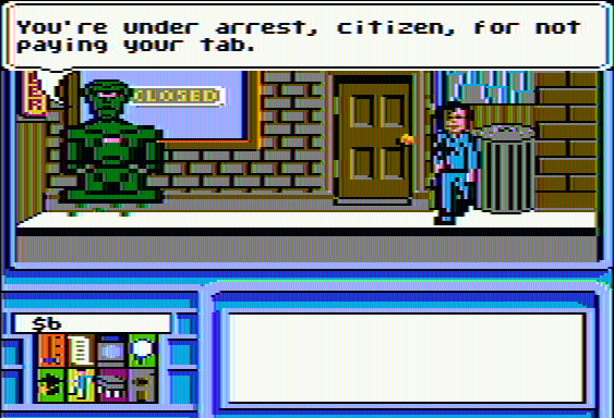 Neuromancer (Apple II) screenshot: I'm under arrest for not paying my tab!