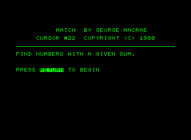 Match (Commodore PET/CBM) screenshot: Introduction screen