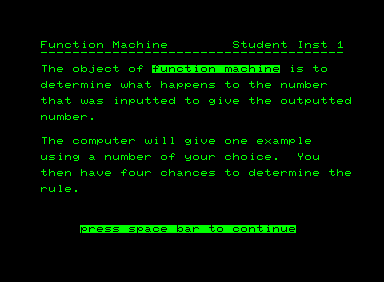 Function Machine (Commodore PET/CBM) screenshot: Student instructions...