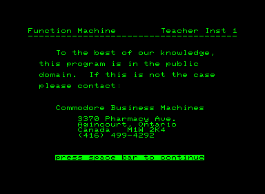 Function Machine (Commodore PET/CBM) screenshot: Teachers instructions