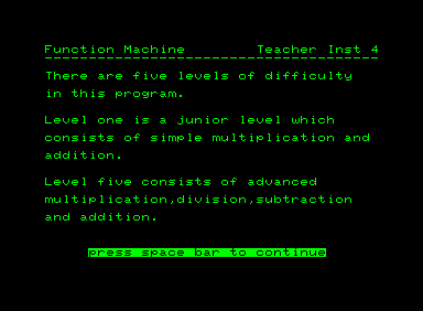 Function Machine (Commodore PET/CBM) screenshot: Difficulty descriptions