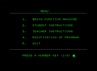 Function Machine (Commodore PET/CBM) screenshot: Main menu