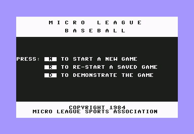MicroLeague Baseball (Commodore 64) screenshot: Menu