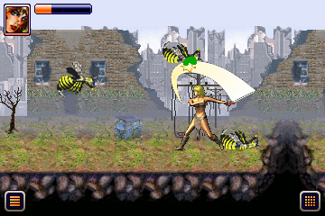 Axa (J2ME) screenshot: She fights mutant wasps in the wilderness...