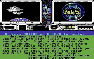 Psi 5 Trading Co. (Commodore 64) screenshot: Starting the mission.