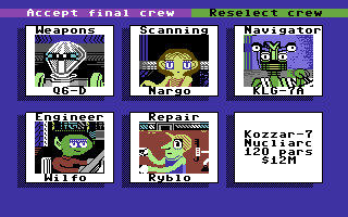 Psi 5 Trading Co. (Commodore 64) screenshot: Confirming the crew selection.