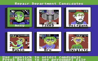Psi 5 Trading Co. (Commodore 64) screenshot: Repair department candidates.