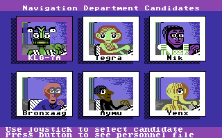Psi 5 Trading Co. (Commodore 64) screenshot: Navigation department candidates.