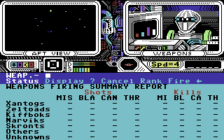 Psi 5 Trading Co. (Commodore 64) screenshot: Weapons status report.