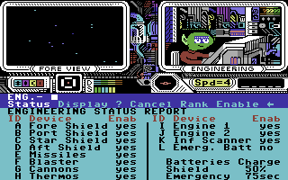Psi 5 Trading Co. (Commodore 64) screenshot: Engineering status report.
