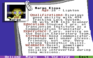 Psi 5 Trading Co. (Commodore 64) screenshot: Choosing the scanning department candidate.