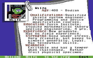 Psi 5 Trading Co. (Commodore 64) screenshot: Engineering department candidate detail.