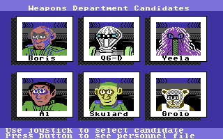 Psi 5 Trading Co. (Commodore 64) screenshot: The available weapons department candidates.