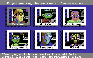 Psi 5 Trading Co. (Commodore 64) screenshot: Engineering department candidates.