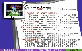 Psi 5 Trading Co. (Commodore 64) screenshot: Scanning department candidate detail. She doesn't like droids so I better pick a different one.