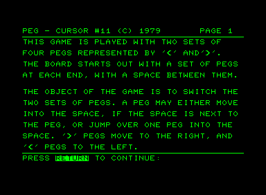 Pegboard (Commodore PET/CBM) screenshot: Instructions