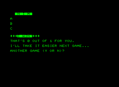 Nim (Commodore PET/CBM) screenshot: I lost!