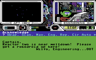 Psi 5 Trading Co. (Commodore 64) screenshot: We're under attack! Reactor is melting down.