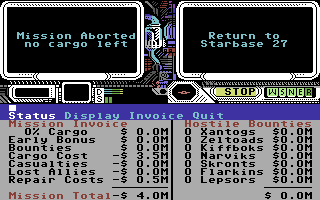 Psi 5 Trading Co. (Commodore 64) screenshot: With all the cargo looted, the mission is a total failure.