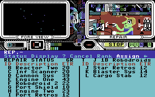 Psi 5 Trading Co. (Commodore 64) screenshot: System are busted all over the ship. Lots to repair.