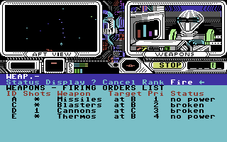 Psi 5 Trading Co. (Commodore 64) screenshot: Weapons are broken and out of power.