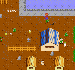 Ikki (NES) screenshot: Standing by some buildings