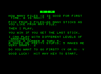 Nim (Commodore PET/CBM) screenshot: Settings