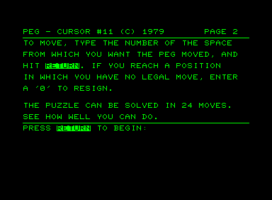 Pegboard (Commodore PET/CBM) screenshot: controls