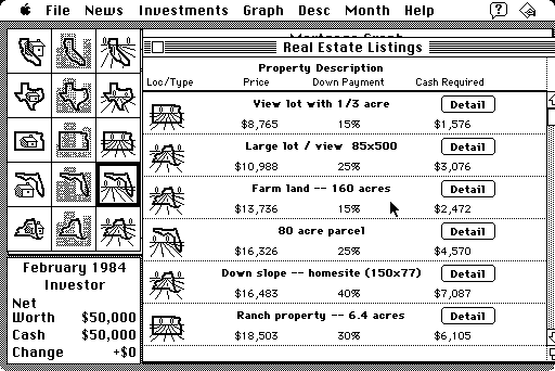 Baron: The Real Estate Simulation (Macintosh) screenshot: Skimming over the real estate listings...