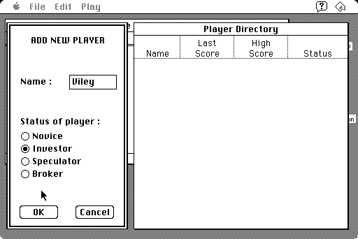 Baron: The Real Estate Simulation (Macintosh) screenshot: Player setup: on the Mac you don't have to start off as a Novice.