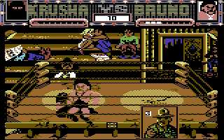 Sgt Slaughter's Mat Wars (Commodore 64) screenshot: Krusha is down! Sgt. Slaughter counts off.