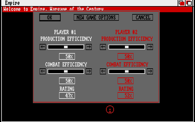 Empire: Wargame of the Century (Amiga) screenshot: Player efficiencies can be set